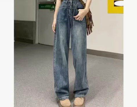 牛仔裤女夏天薄款小众设计感高腰垂感直筒阔腿...