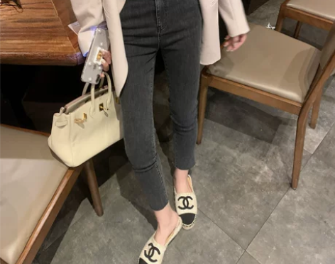钱夫人定制高腰紧身九分牛仔裤子女小个子韩版...