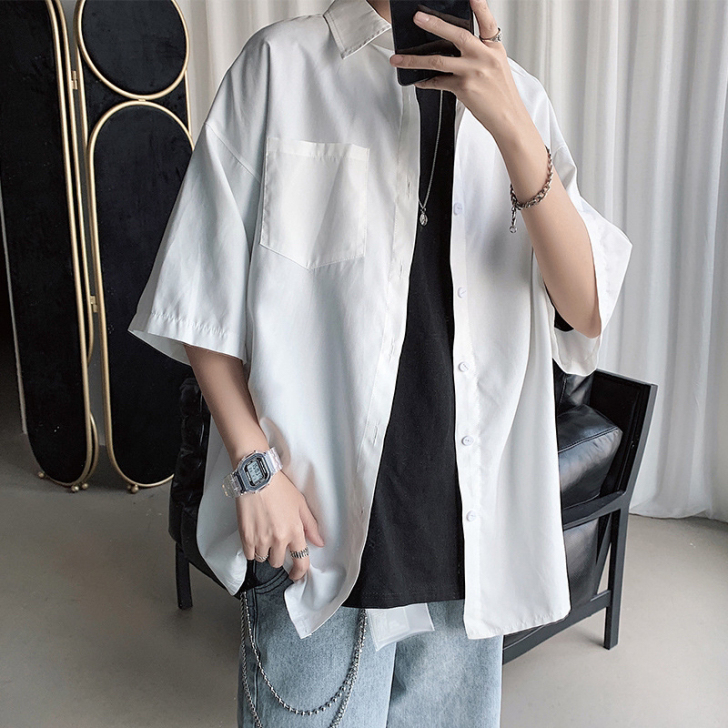 短袖衬衫男港风日系夏季五分袖上衣韩版潮流i...