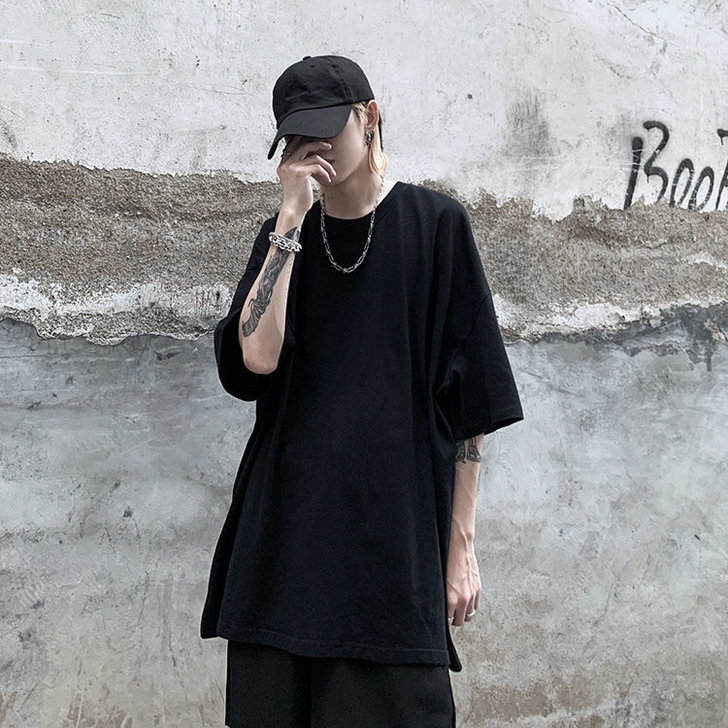 夏季潮流ins暗黑高街丧系抽象图案印花宽松...