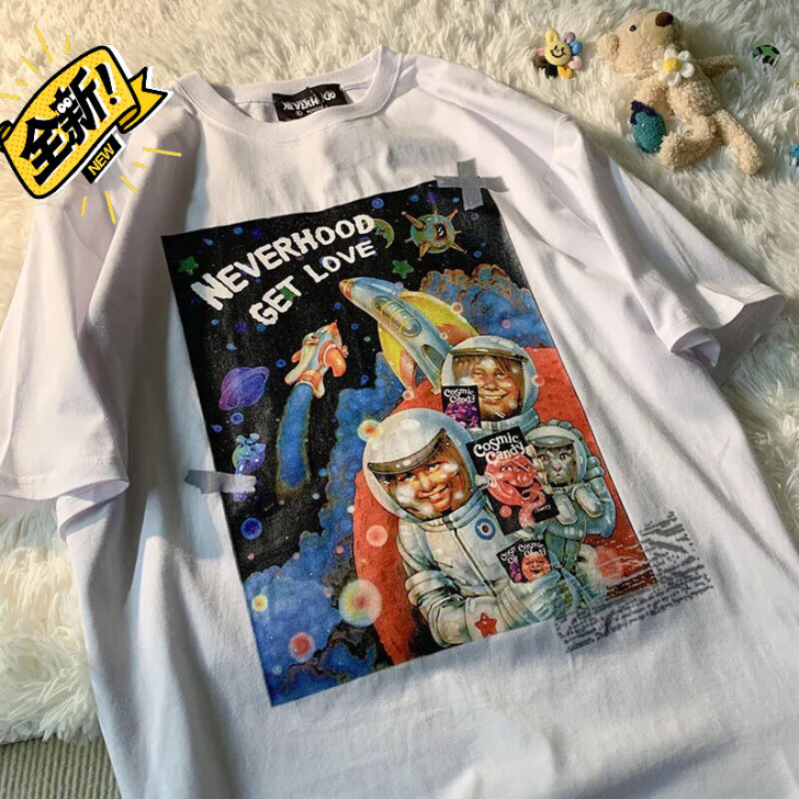 100%纯棉美式复古宇航员短袖t恤男女潮流...