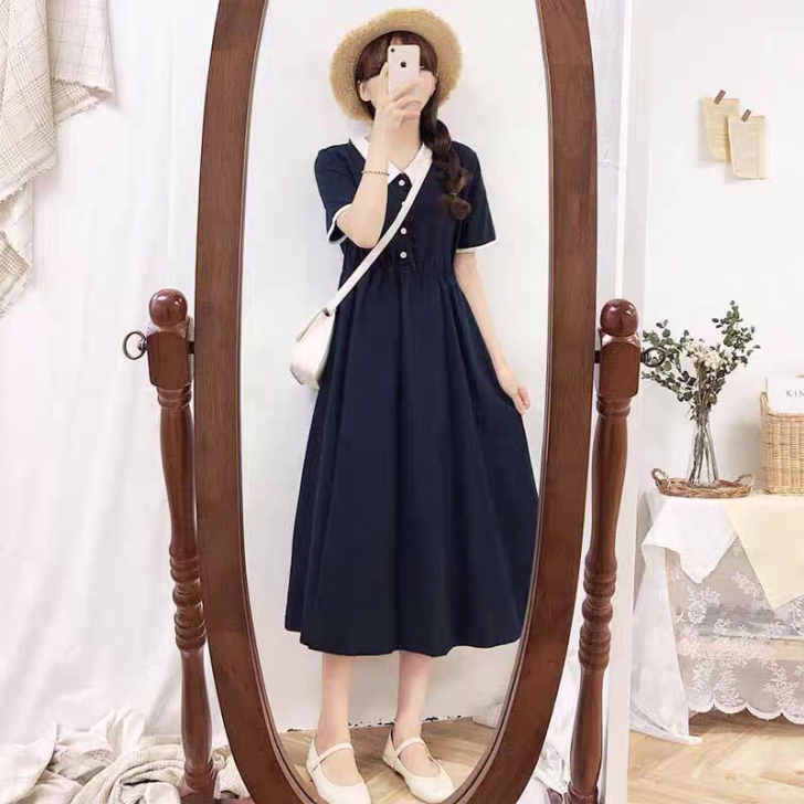 学院风夏季韩版法式复古 V型领短袖连衣裙女...
