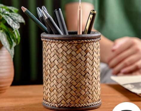 泰国木质藤编笔筒办公室桌面工艺品中式复古实...