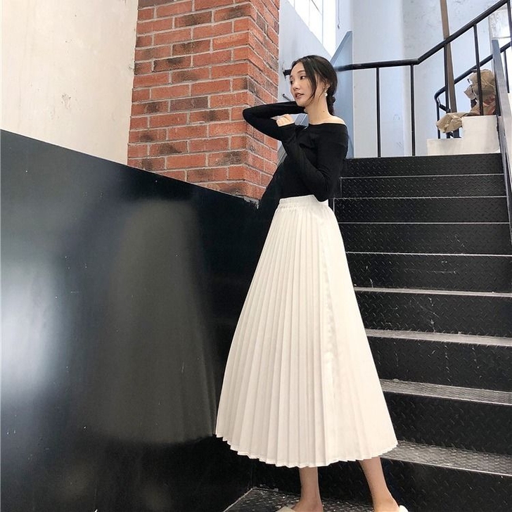 春夏秋高腰大摆裙A字裙白色过膝中长款仙女裙...