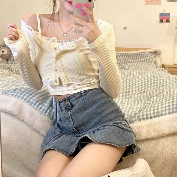 辣妹荷叶边不规则牛仔半身裙女夏季高腰ins...