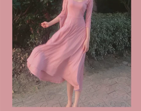 ?晚时光2020新款夏 复古温柔粉色七分袖...