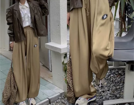 休闲阔腿裤女夏季2021新款复古松紧抽绳卡...