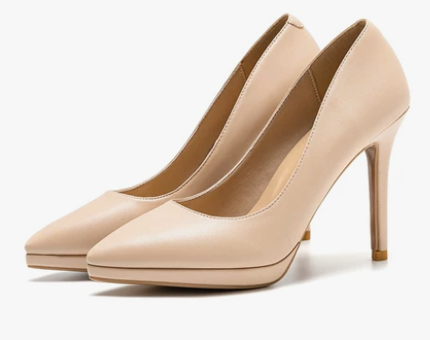 裸色真皮防水台职业尖头高跟鞋女细跟艺考软皮...