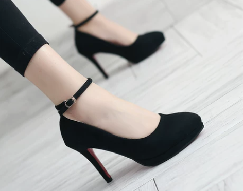 尖头黑色防水台高跟鞋一字扣带绒面工作鞋礼仪...