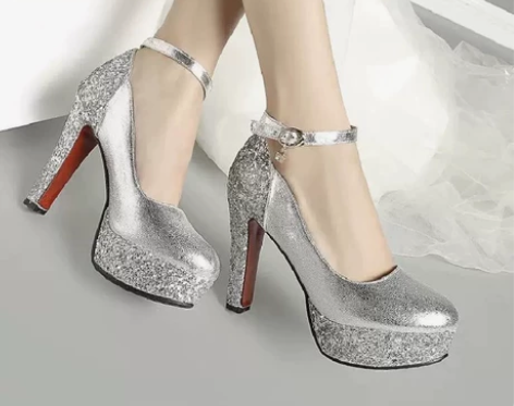 白色超高跟防水台女鞋单鞋金色新娘鞋亮片结婚...