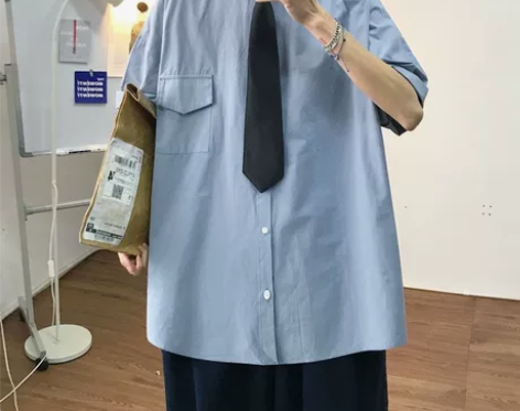 全新衬衫短袖宽松带领带衬衣休闲学院风五分袖...