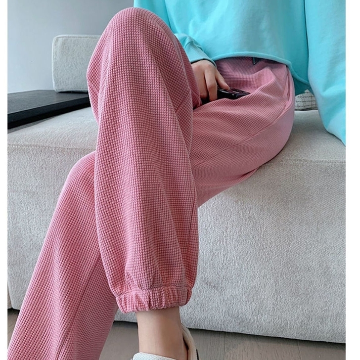 清仓处理华夫格运动裤女宽松束脚秋冬高腰加绒...