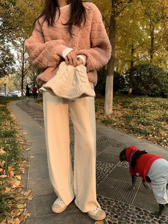 丝绒休闲直筒裤加绒