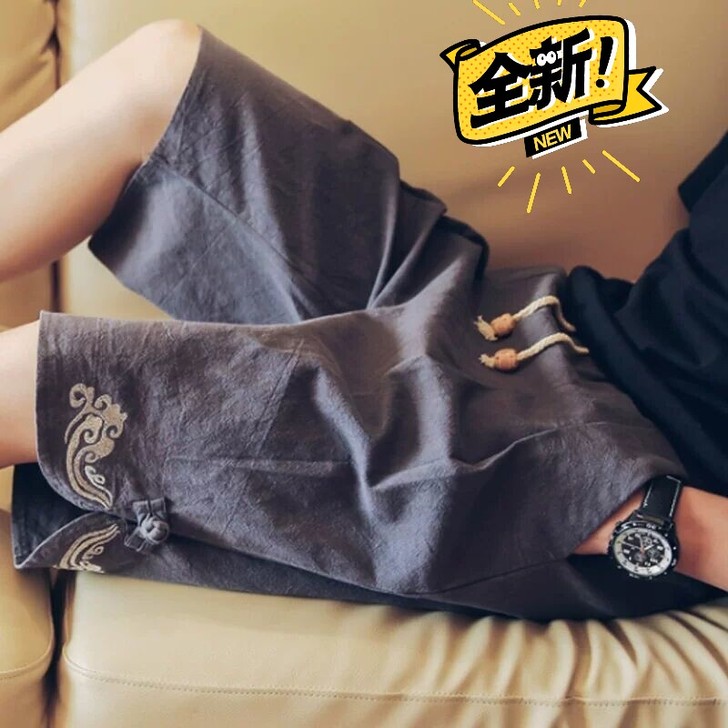中国风男裤中式裤子亚麻棉麻短裤宽松休闲五分...