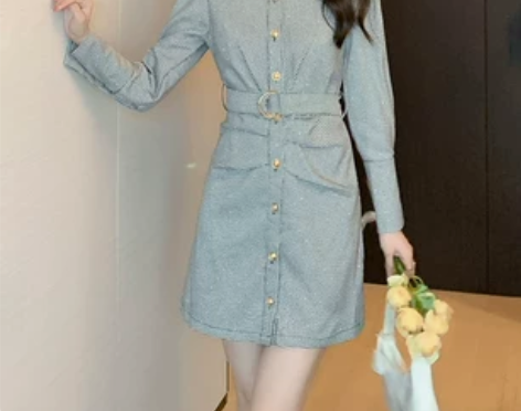 高级法式时尚年轻气质长袖单排扣格纹泡泡袖连...