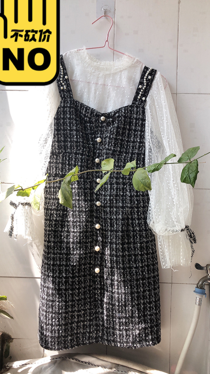 全新   蕾丝打底长袖+呢料背带连衣裙套装...