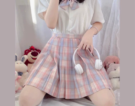 土曜日JK樱岛海岸原创日系半身格子短裙粉格...