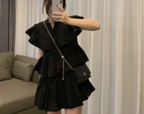 BLACKY 可爱少女荷叶边小飞袖蛋糕连衣...