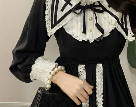 法式复古暗黑系甜美小黑裙气质高级感荷叶边大...