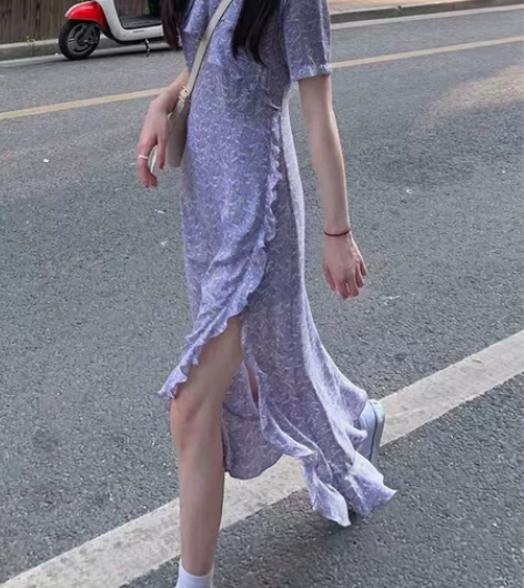 吱呤 rose浪漫少女 韩版V领显瘦紫色连...