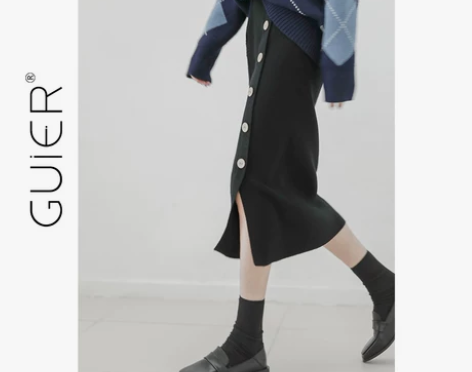 港味针织半身裙秋冬新款纽扣开叉针织铅笔裙i...