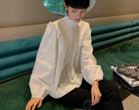梅子熟了文艺风白衬衫长袖小立领后背一排扣宽...