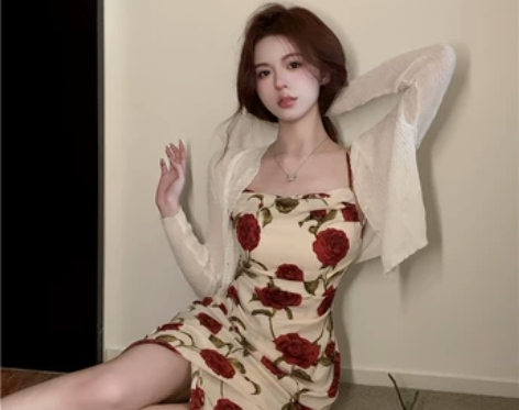 港风复古套装女玫瑰花紧身性感显瘦吊带连衣裙...