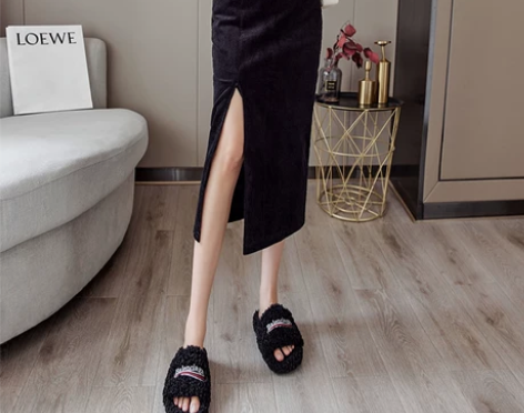 港风复古灯芯绒半身裙女秋显瘦过膝高腰开叉A...