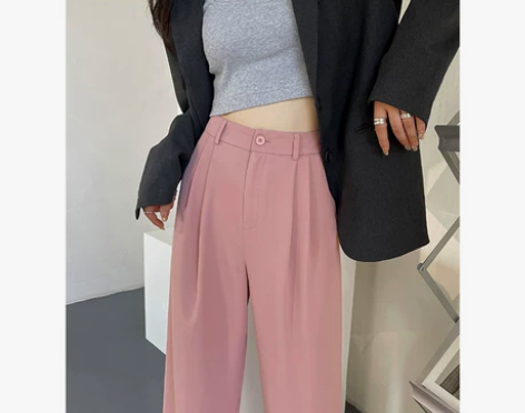 ?粉色冰丝阔腿裤女夏季薄款高腰垂感西装裤宽...