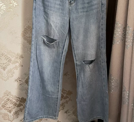 浅蓝色破洞亮钻阔腿牛仔拖地长裤女 L码 亮...