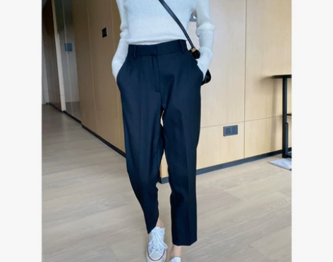 黑色薄款百搭休闲裤高腰九分西装裤2021冬...