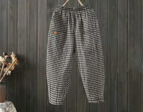 格子萝卜七分哈伦裤棉麻休闲裤女夏秋季 全新...