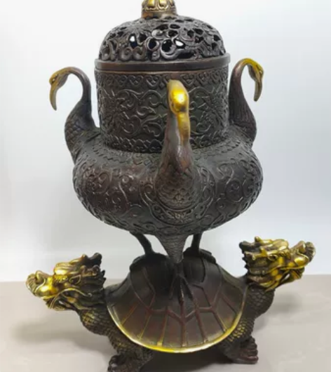古玩古董铜器摆件鎏金工艺造型独特龟鹤同春炉...