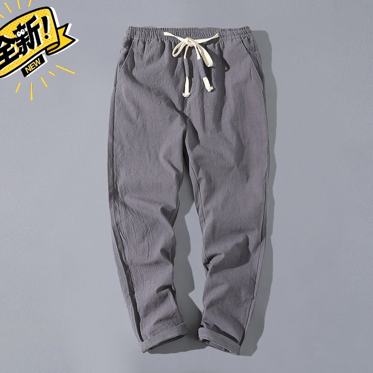 男士休闲裤夏季亚麻九分裤宽松直筒薄款棉麻裤...