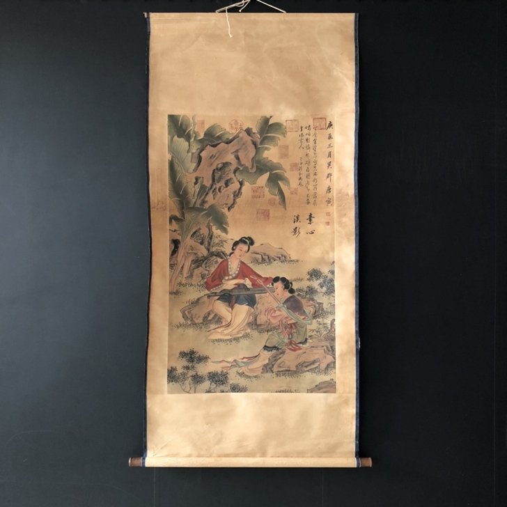 【唐寅】蕉山抚琴，三尺中堂作品