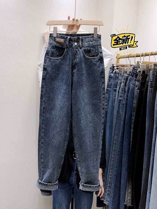 秋冬新款韩版复古时髦高腰磨毛加厚牛仔裤女休...