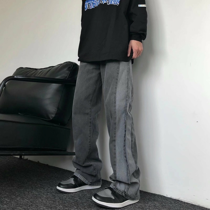 街头复古拼接水洗牛仔裤坠感宽松直筒长裤男女...