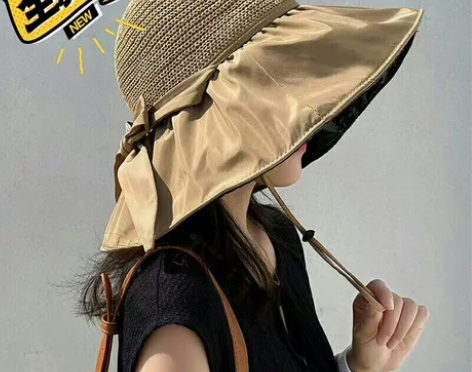 全新 黑胶蝴蝶结遮阳帽女夏季镂空草帽紫外线...