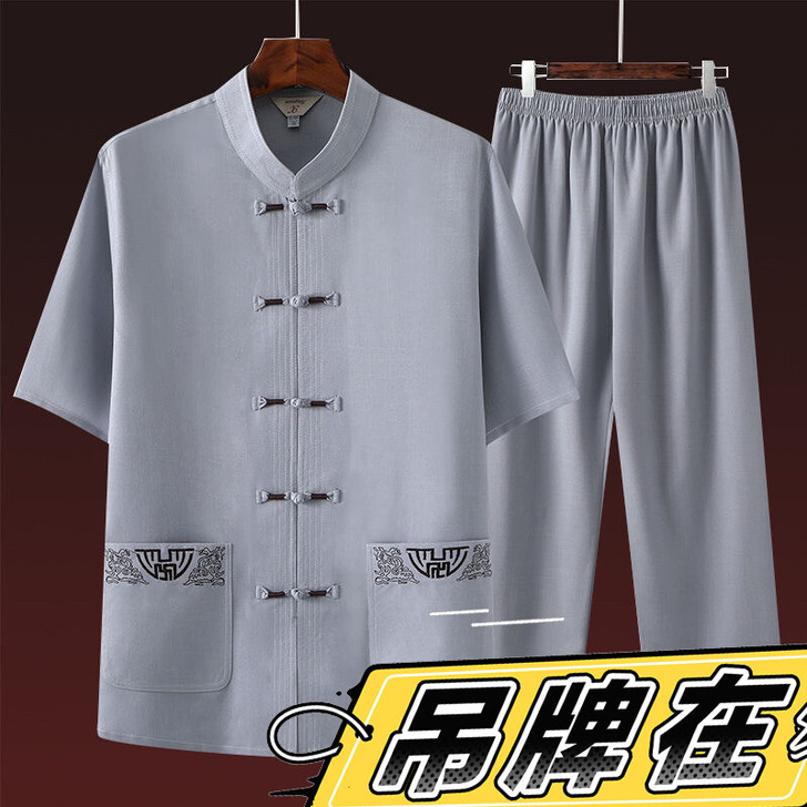 全新 唐装男棉麻短袖套装夏装中老年爷爷汉服...