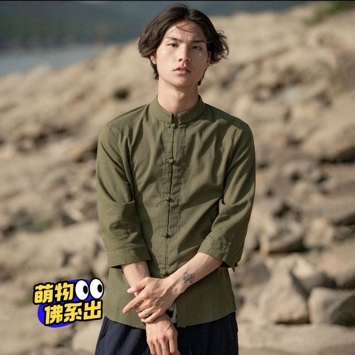 中国风亚麻棉立领衬衫男七分袖秋季复古中式打...