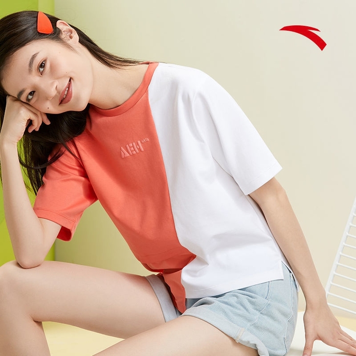 安踏T恤女运动短袖撞色拼接纯棉针织上衣20...