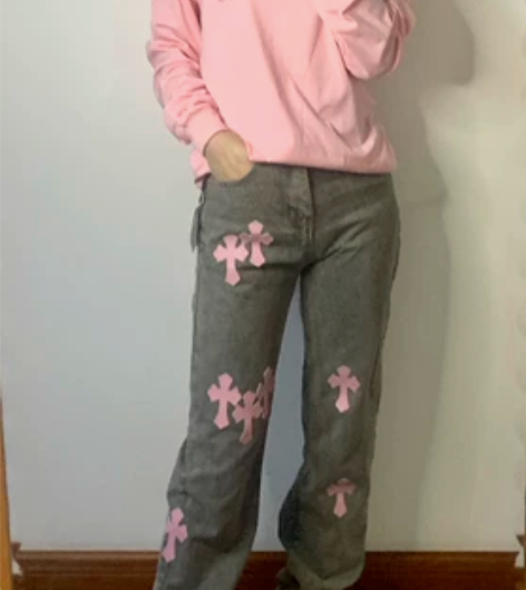 全新PU皮灰色直筒牛仔裤高腰阔腿长裤 16...