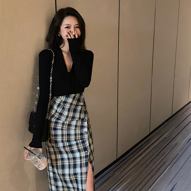 包邮 左边高腰包臀裙格子半身裙女中长款秋冬...