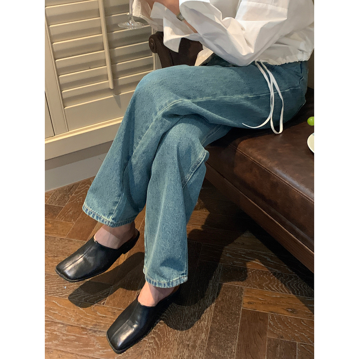米花家 复古蓝直筒牛仔裤女2021早秋新款...