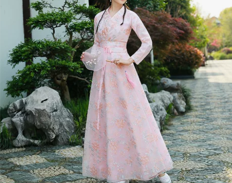 古装改良汉服女粉色日常可穿中国风蕾丝交领齐...