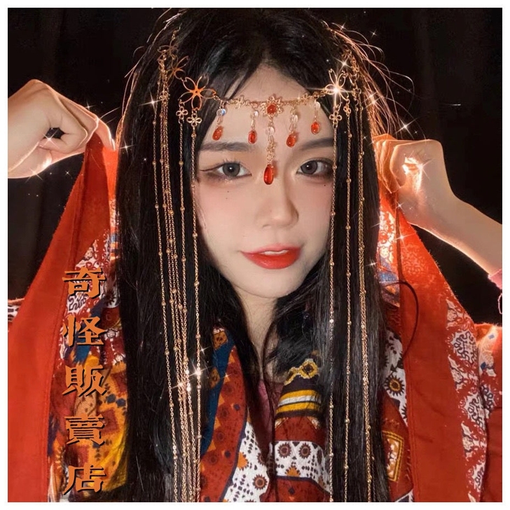 全新包邮白菜价汉服超仙长流苏额饰面帘古风装...