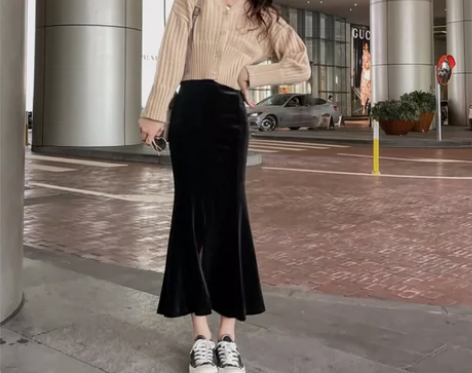半身裙短裙金丝绒高腰开叉鱼尾裙女2021显瘦