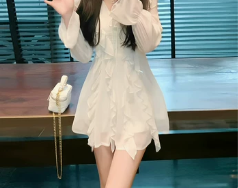 白色荷叶边v领雪纺连衣裙女夏季长袖收腰显瘦...