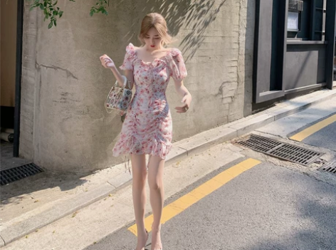 ByYou 夏季复古红色碎花雪纺连衣裙收腰...