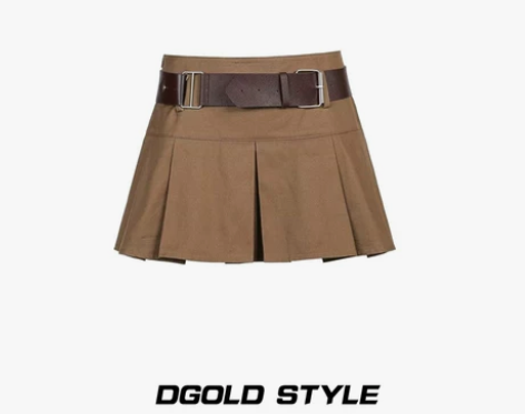 白小鱼 辣妹春夏美式复古卡其色百褶裙显瘦高...